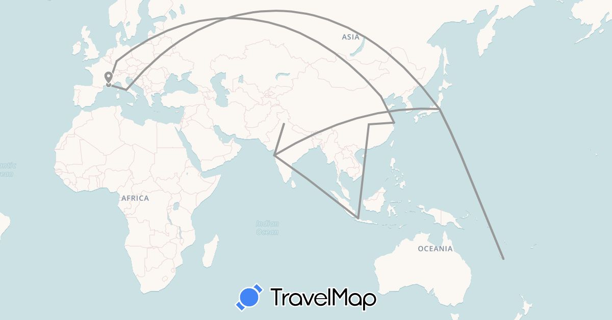 TravelMap itinerary: driving, plane in China, Germany, France, Indonesia, India, Italy, Japan (Asia, Europe)